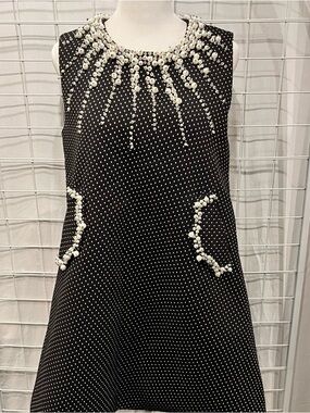 60’s A Line Mini Dress. Black Polka Dot Pearl-Embellished Sleeveless Dress